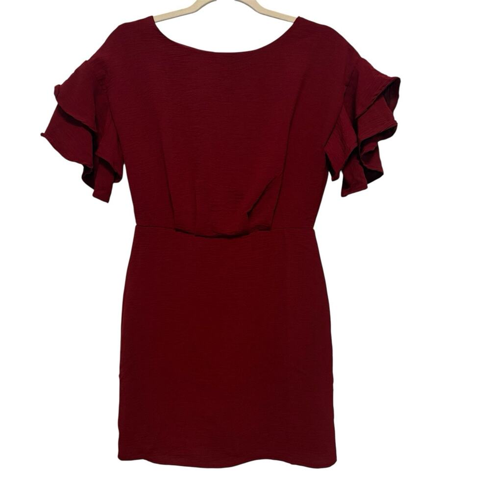 She + Sky Dress Womens Small Maroon Red Ruffle Mini Occasion Event Open Back